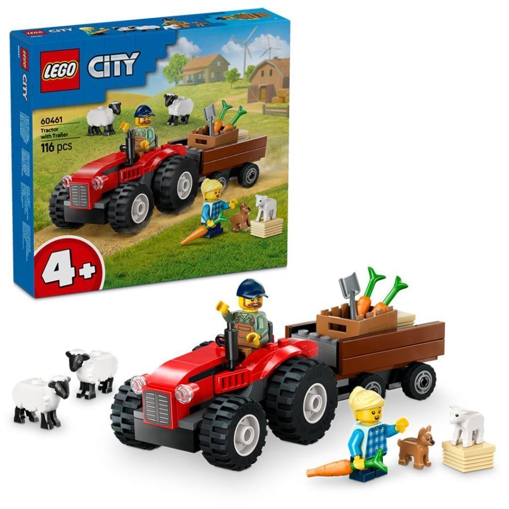 Lego sett med rød traktor, henger og sau
