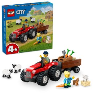 Lego sett med rød traktor, henger og sau