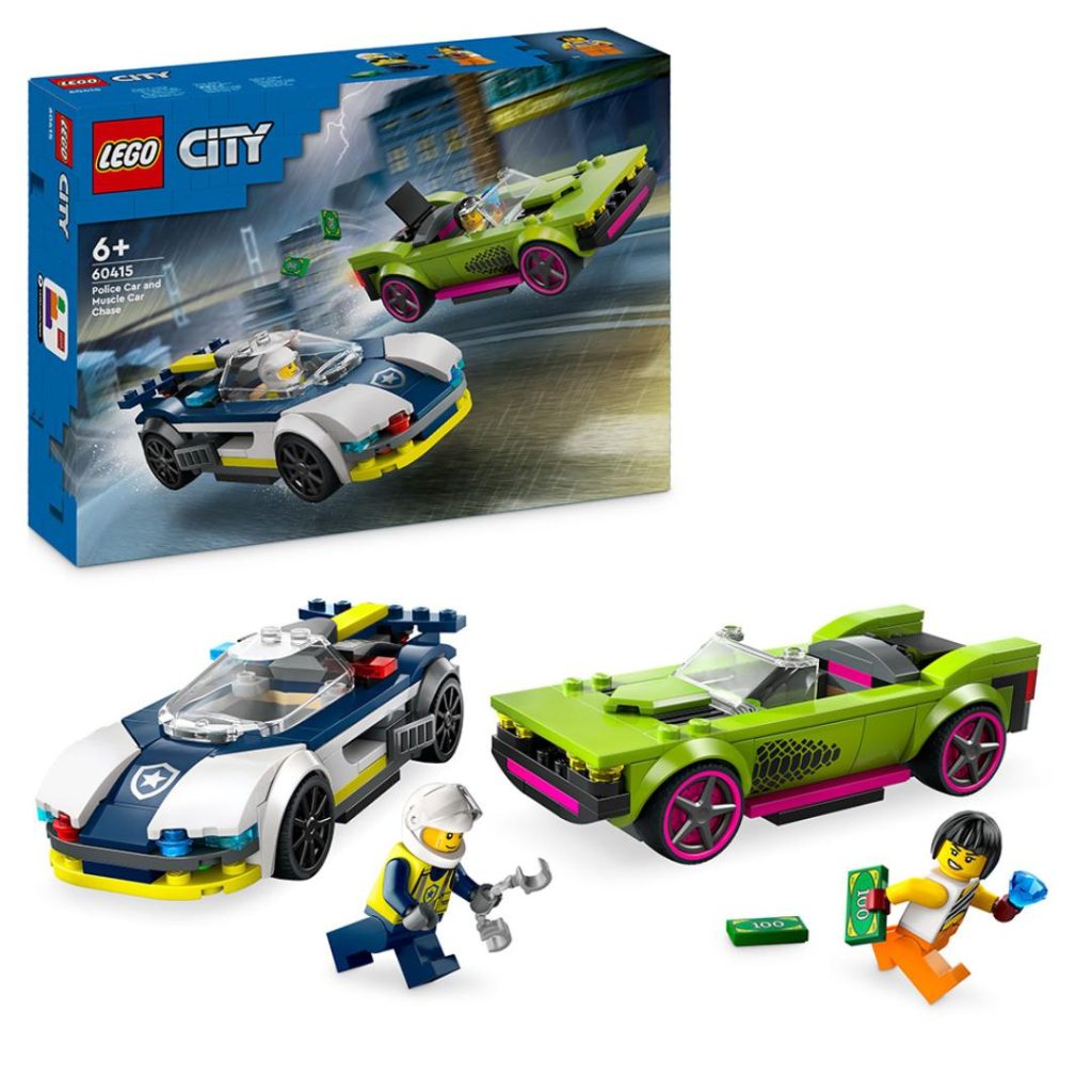 Lego politibil på muskelbil-jakt
