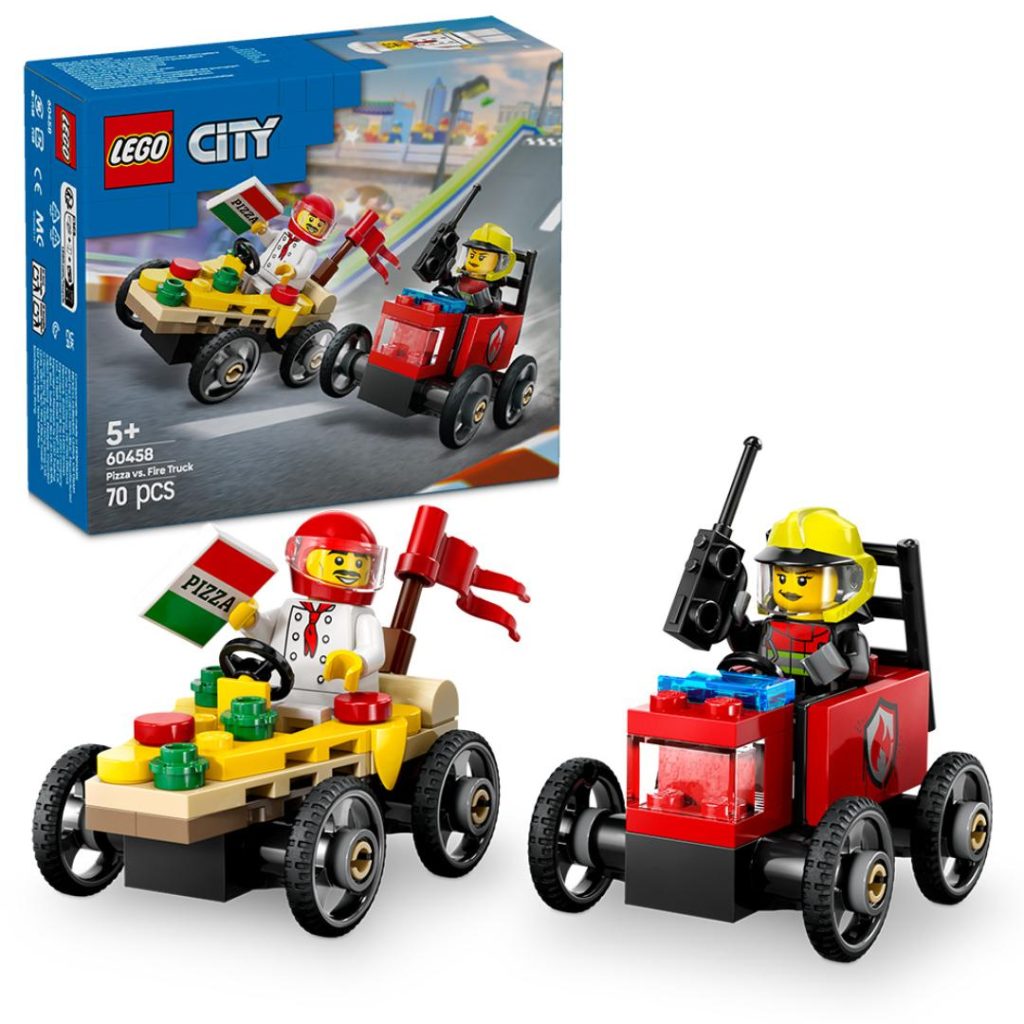 Lego billøp mellom pizzabil og brannbil