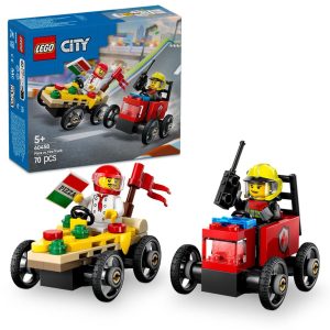 Lego billøp mellom pizzabil og brannbil