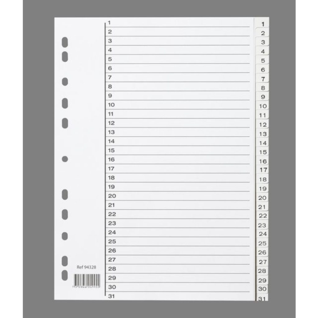 Register plast 1-31 a4 m/indeksark hvit