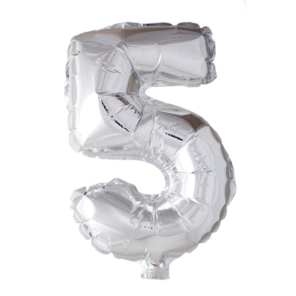 Folieballong nummer 5 sølv 41 cm