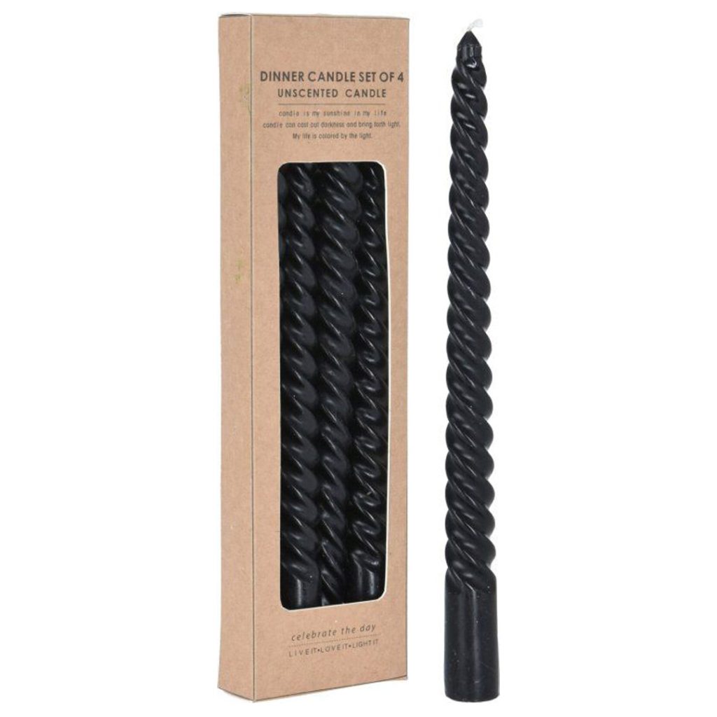 Stearinlys 25 cm vridd 4 pk sort