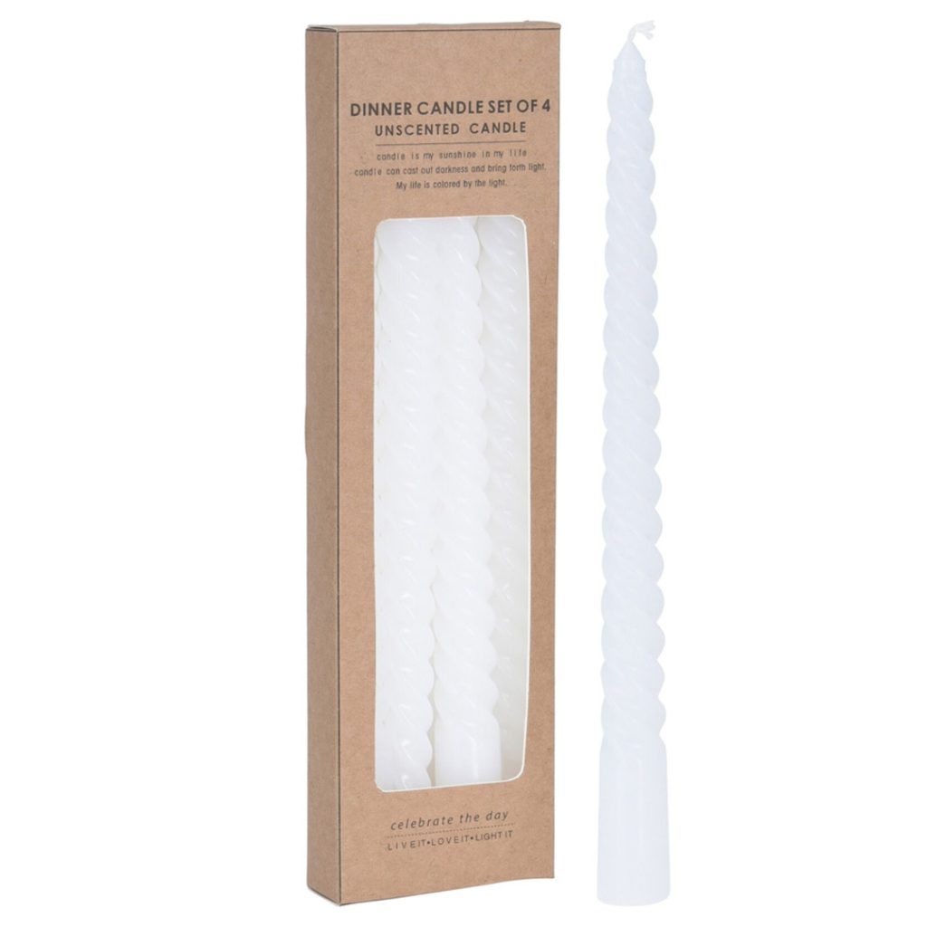 Stearinlys 25 cm vridd 4 pk hvit
