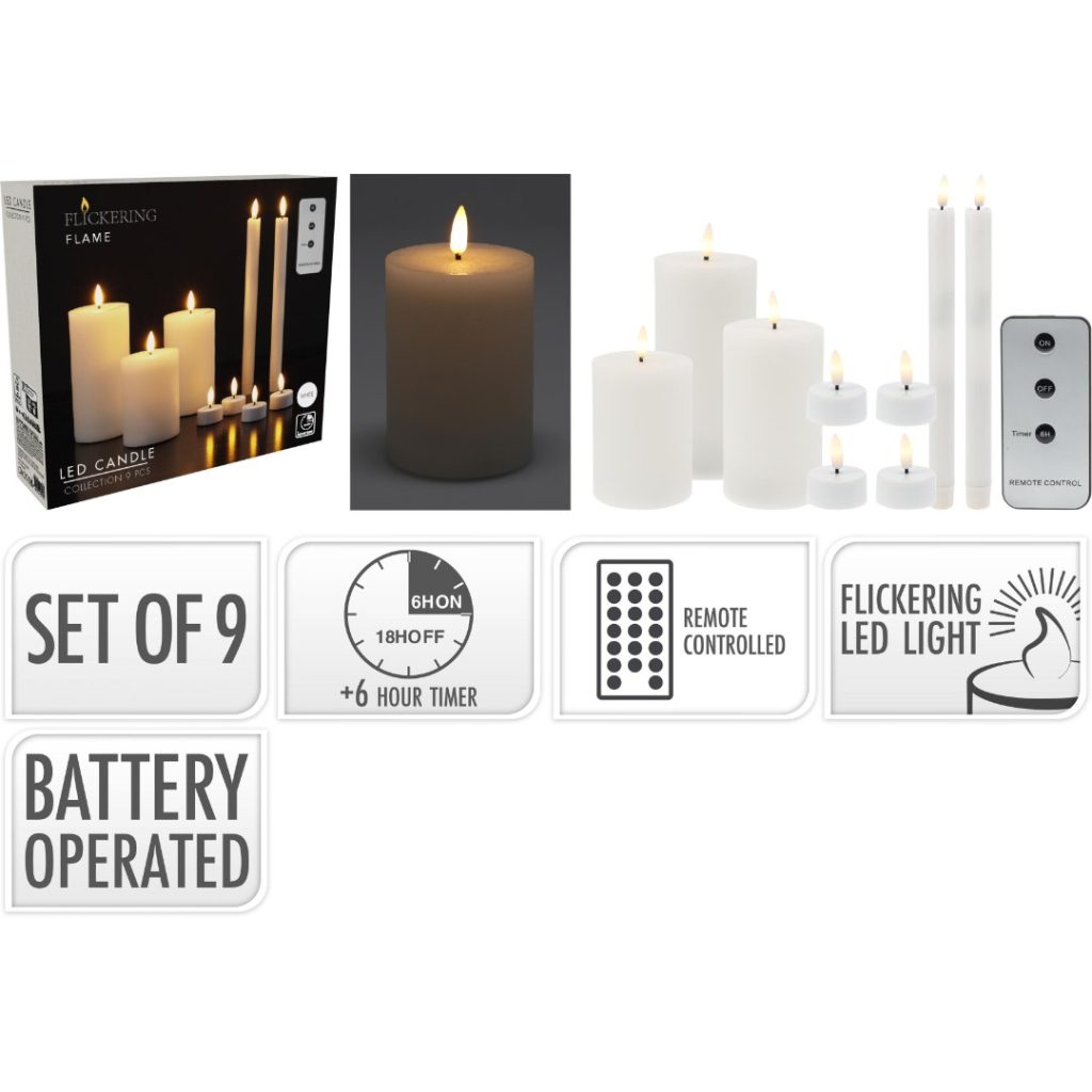 Led stearinlys 9 deler  hvit